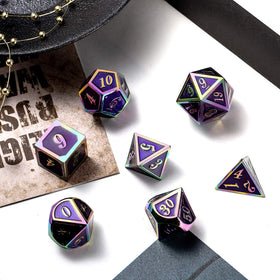DNDND purple metal D20 die with rainbow frame for epic sessions.