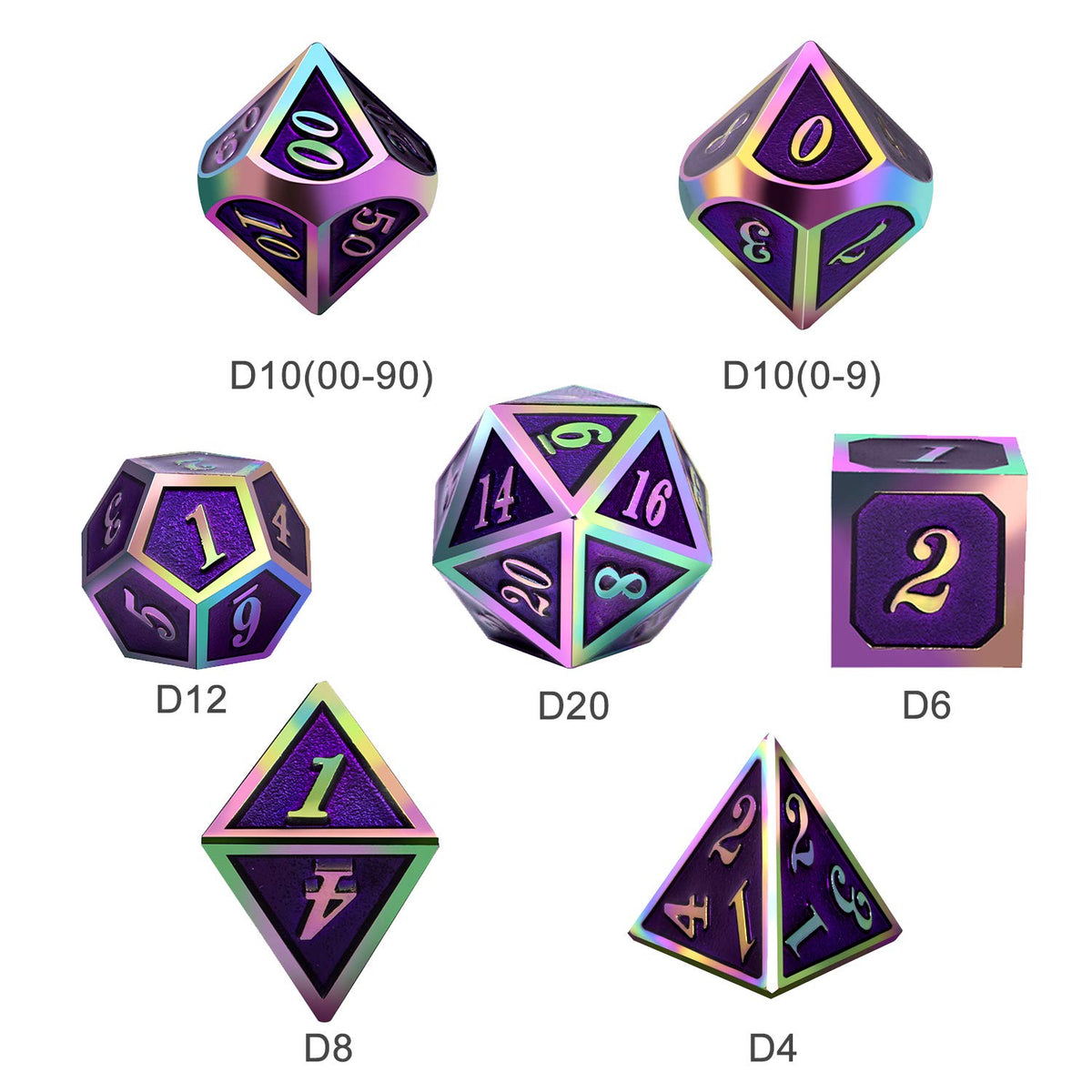 DNDND purple metal D8 die with bright numerals for quick spotting.