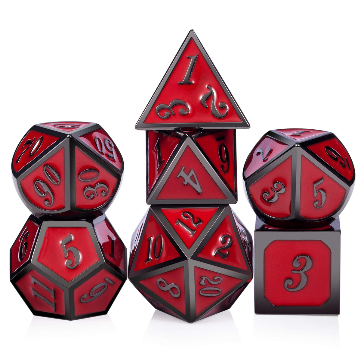 DnDnD red seven-piece dice set with easy-to-read numbers for fast RPG turns.
