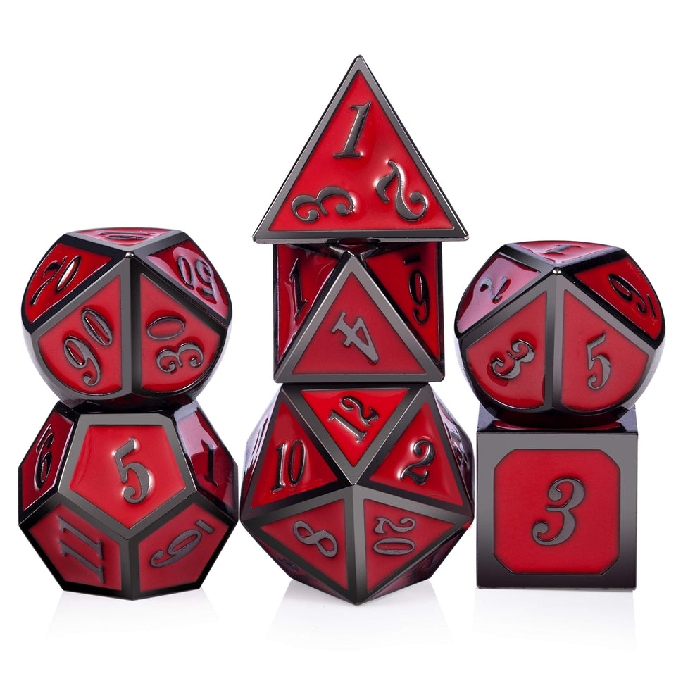 DnDnD red seven-piece dice set with easy-to-read numbers for fast RPG turns.