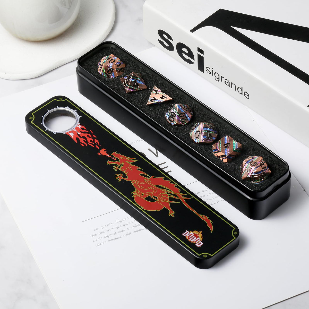 DNDND stripe dice close-up shows engraving and durable zinc alloy.