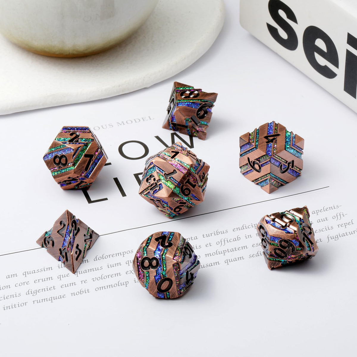 DNDND stripe metal dice shadow shot emphasizes dramatic, weighted rolls.