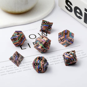 DNDND stripe metal dice shadow shot emphasizes dramatic, weighted rolls.