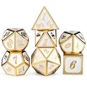 DNDND white dice with gold numbers in full view for RPG sessions.