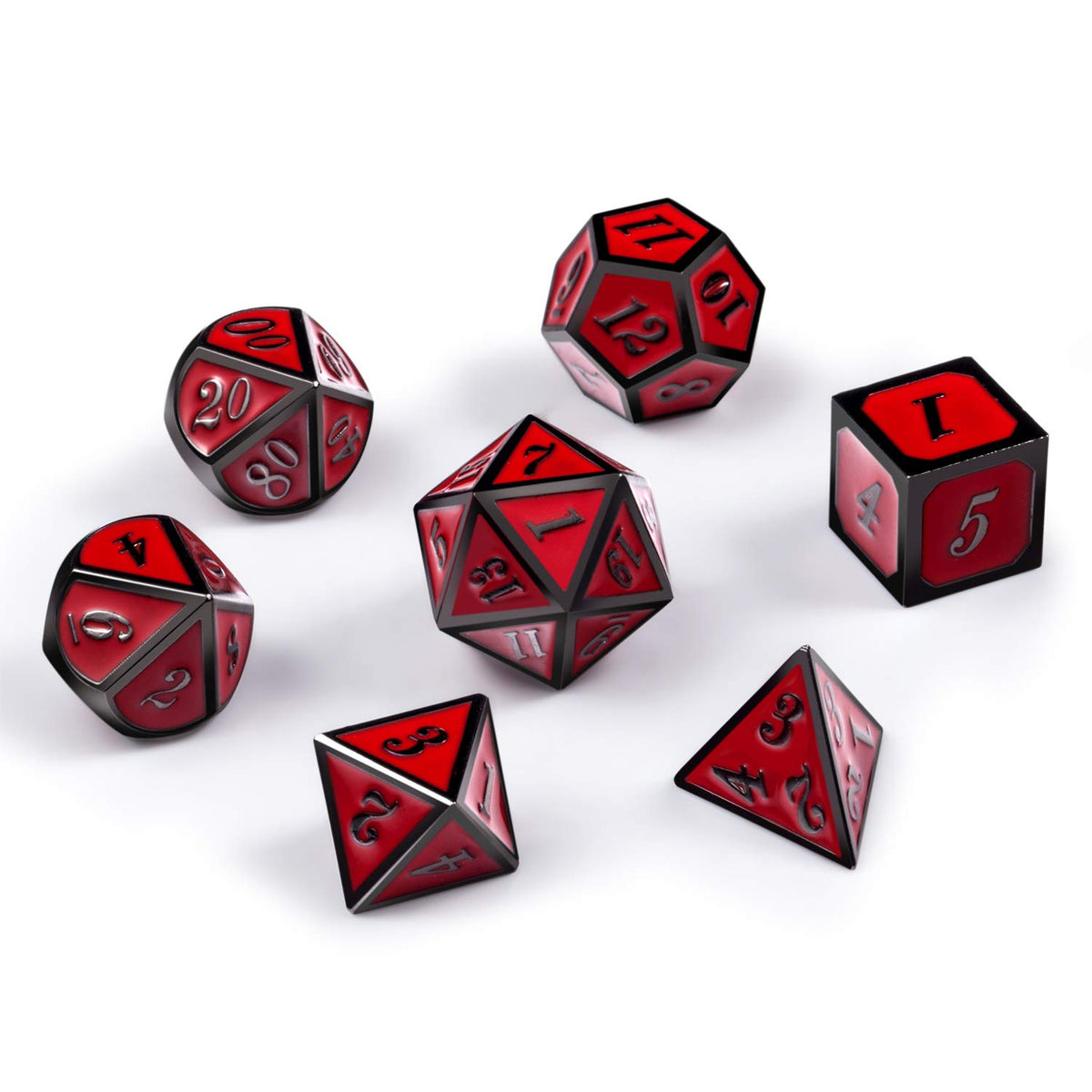 DnDnD zinc alloy dice in red and black for premium tactile feel.