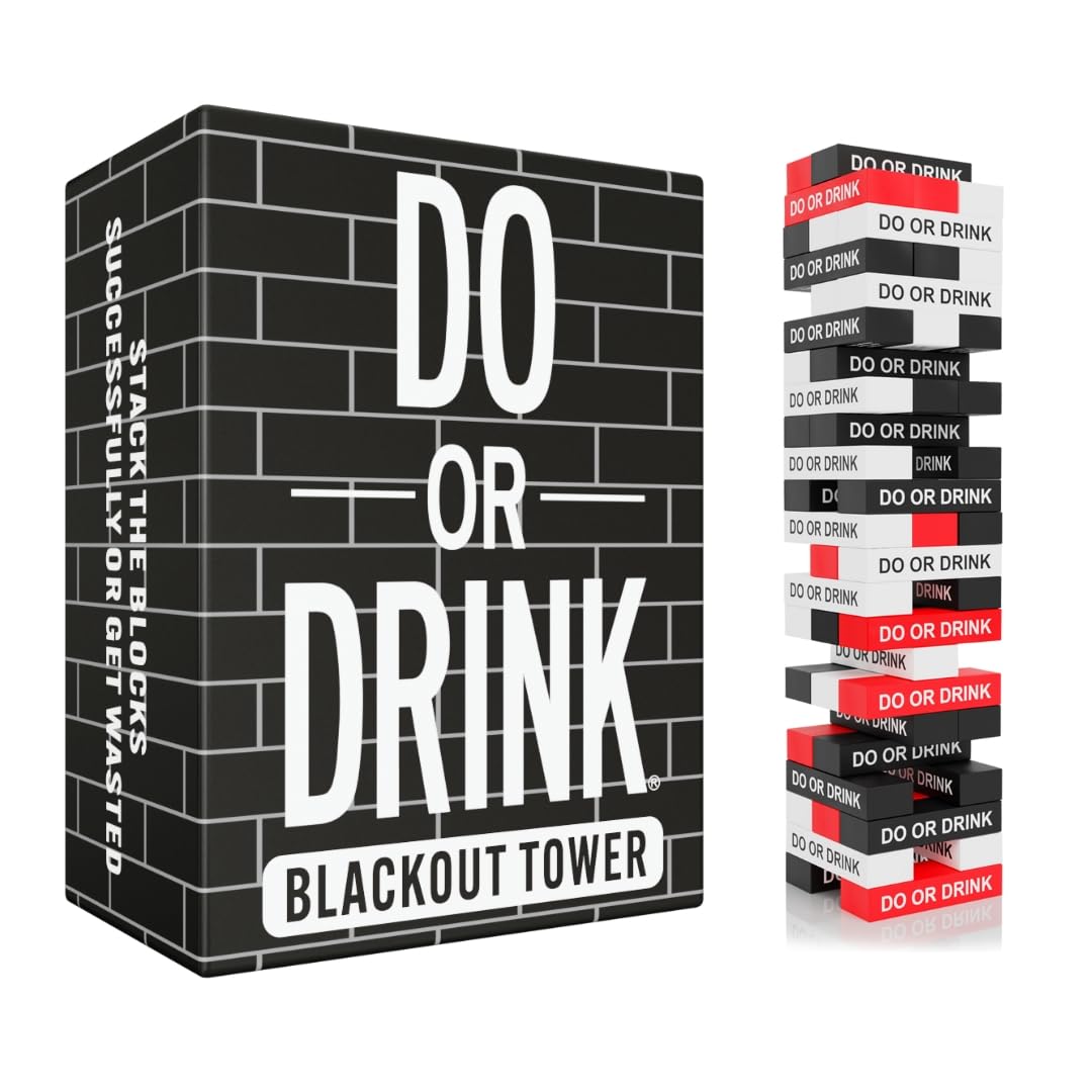 Do or Drink Blackout Tower front view showing stacked blocks for lively game night.
