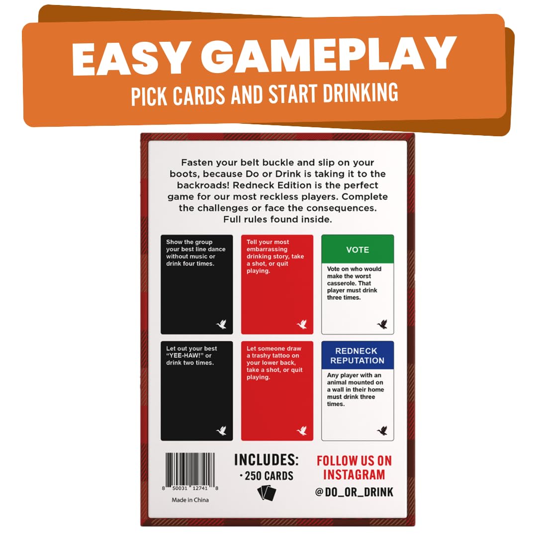 Close-up of Do or Drink Redneck Edition dare cards with bold humor