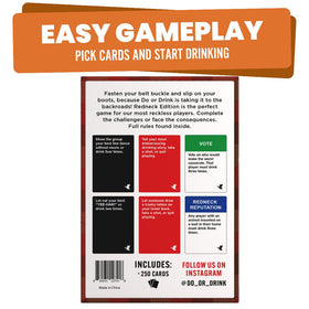 Close-up of Do or Drink Redneck Edition dare cards with bold humor