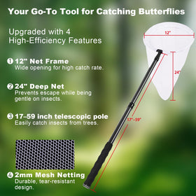 DOBEN butterfly net with 12-inch diameter for catching insects over wide areas.
