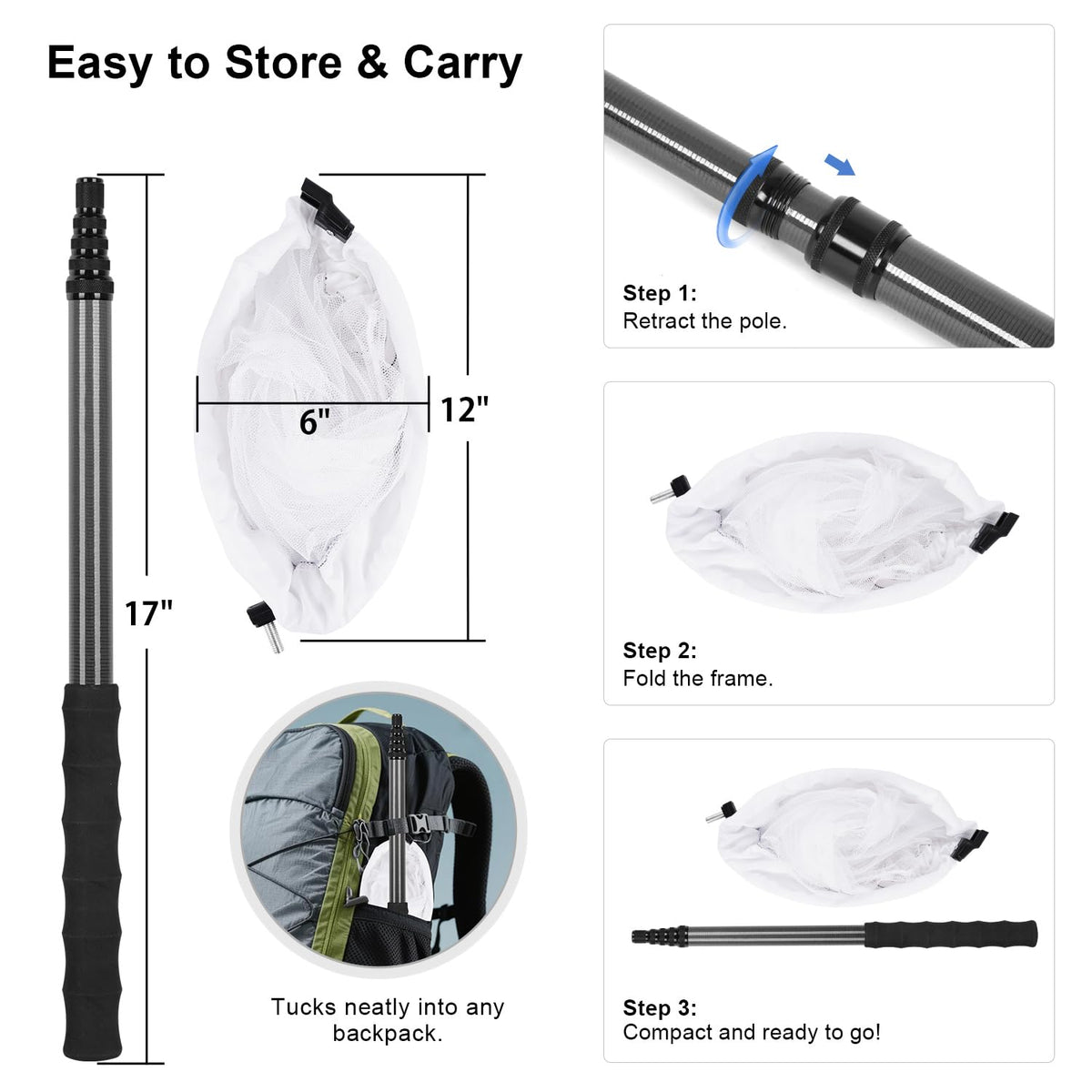 DOBEN butterfly net folds compactly for easy backpack storage on trips.