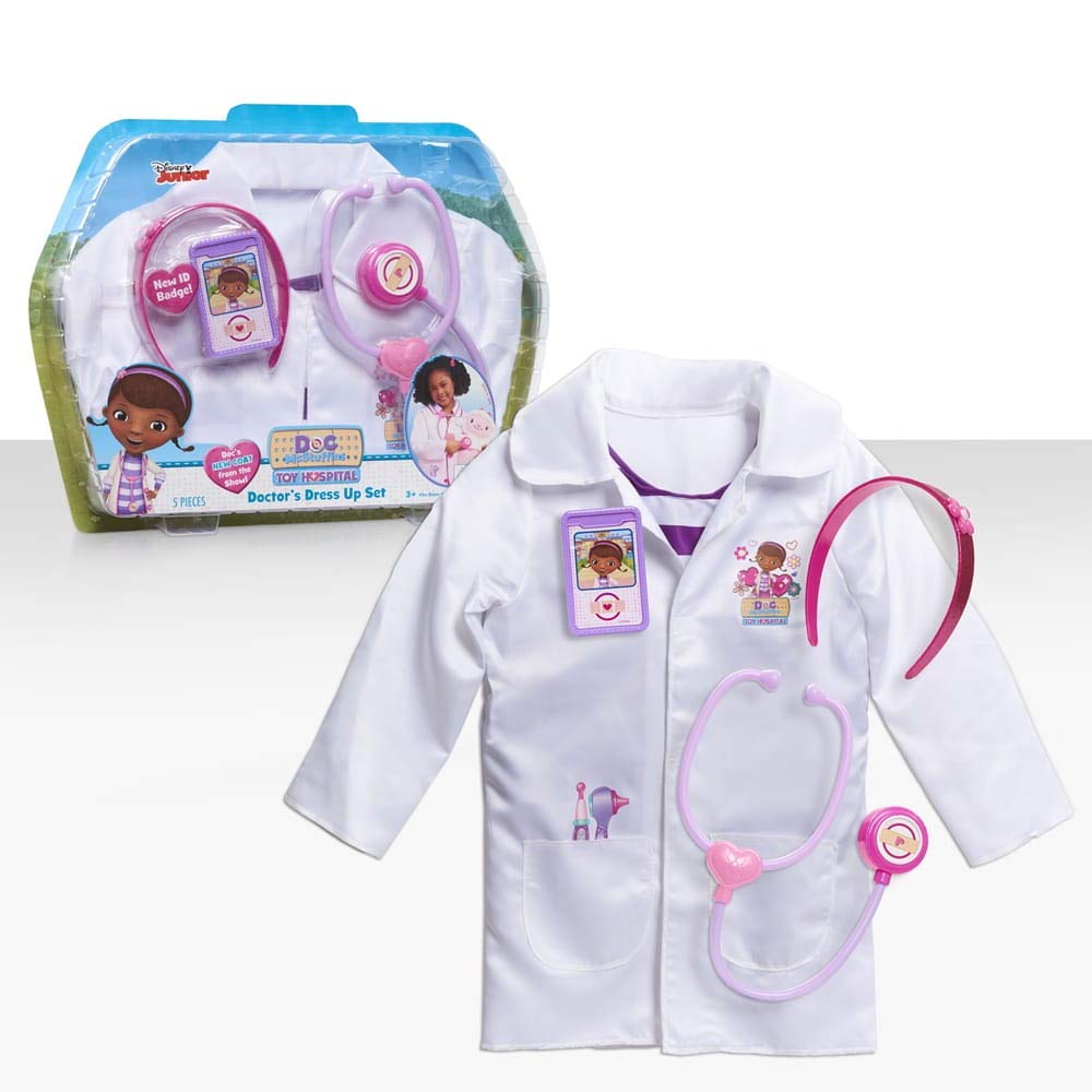 Doc McStuffins doctor’s dress-up set with lab coat and stethoscope for imaginative pretend play.