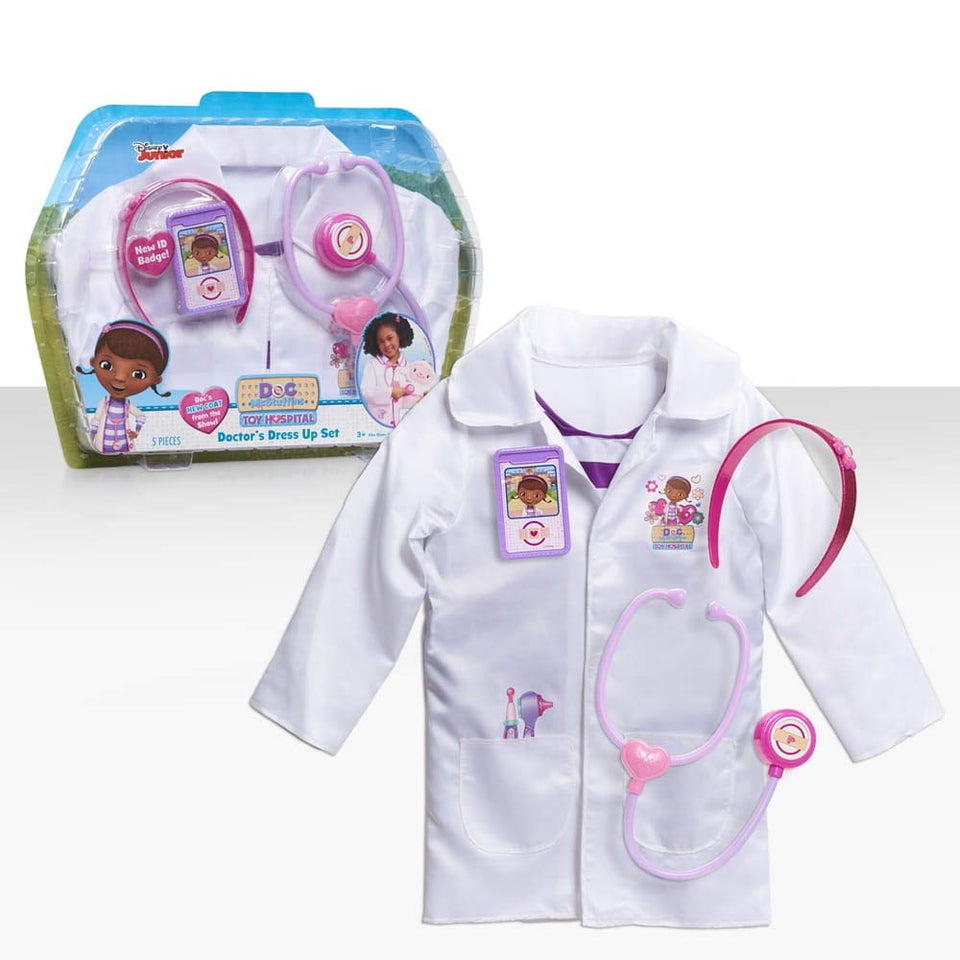 Doc McStuffins doctor’s dress-up set with lab coat and stethoscope for imaginative pretend play.