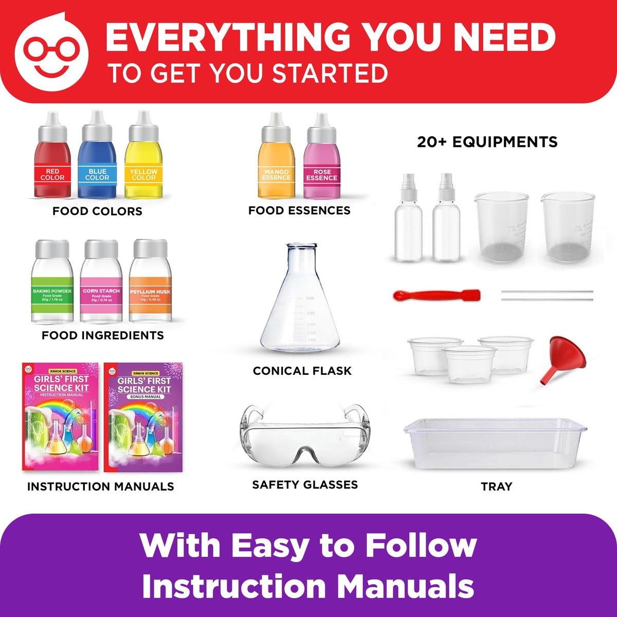 Illustrated instruction manual supports independent or guided experiments for caregivers and kids.