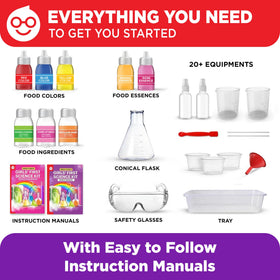 Illustrated instruction manual supports independent or guided experiments for caregivers and kids.