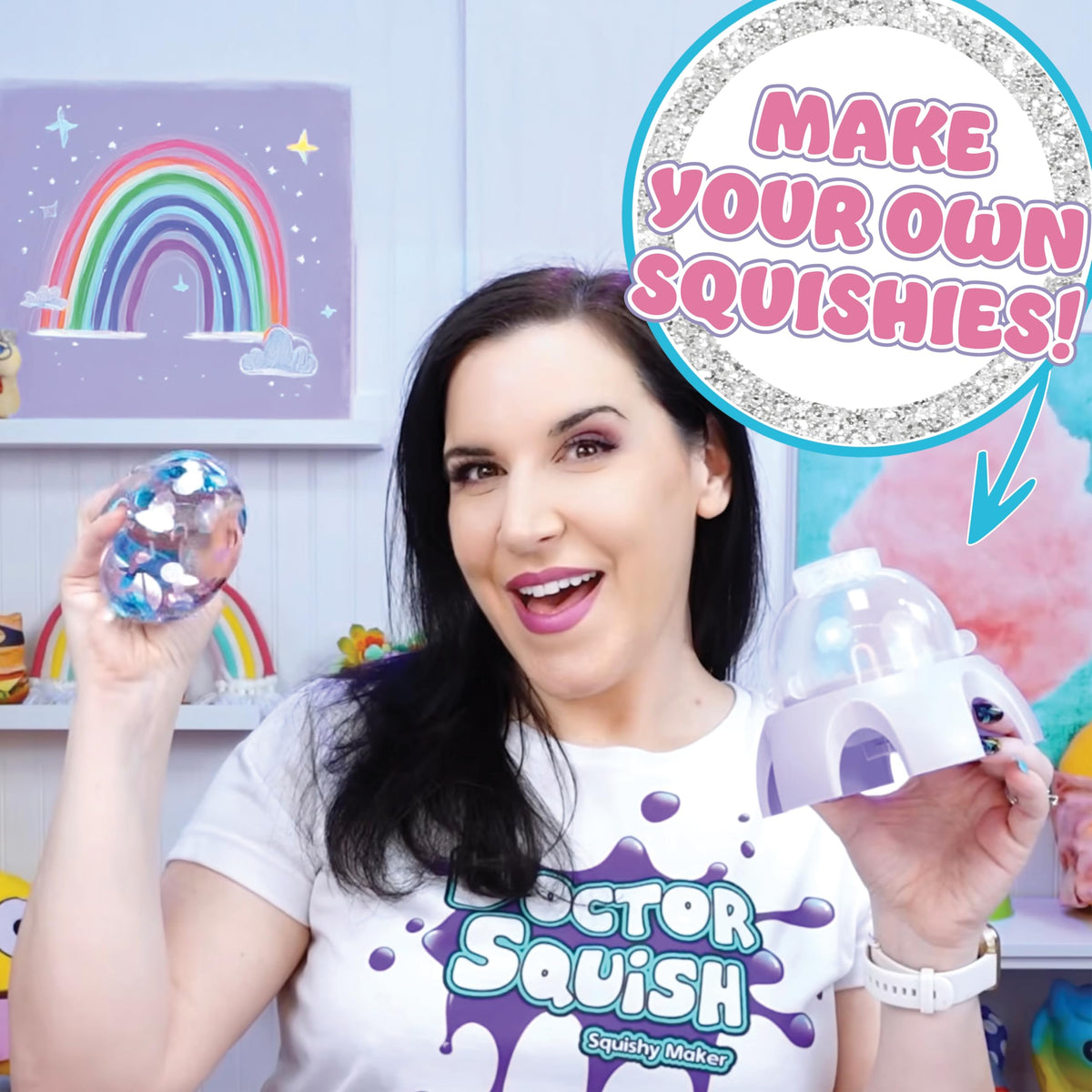 Doctor Squish Mini Squishy Maker sparkles added for colorful, sparkling stress balls.