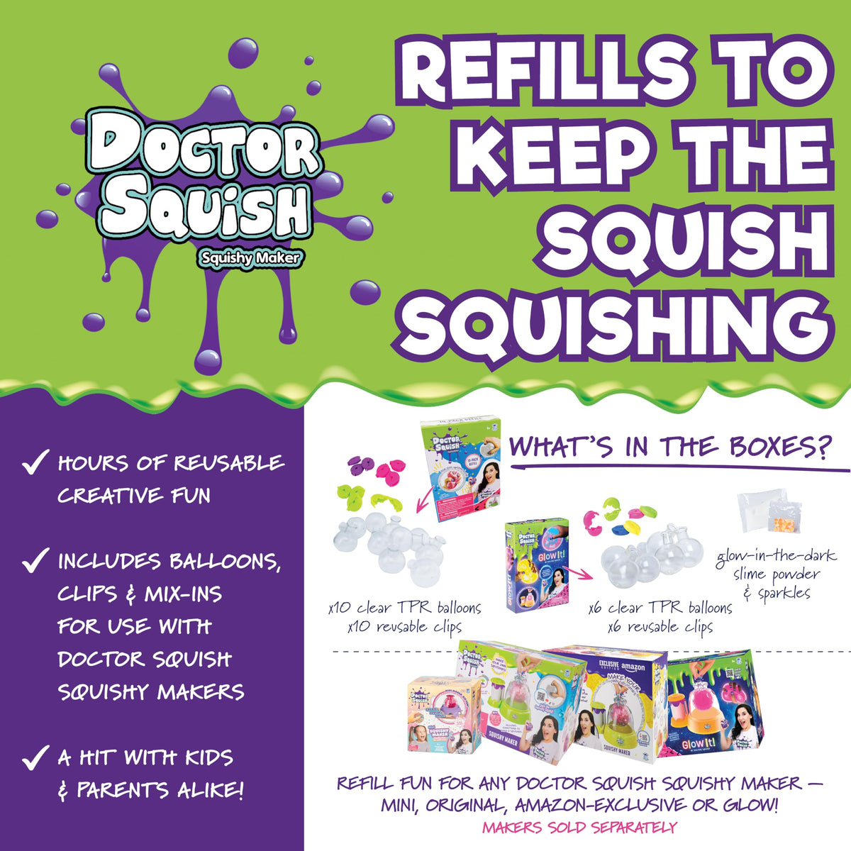 Doctor Squish glow refill bottles create neon effects for glow-in-the-dark squishies.