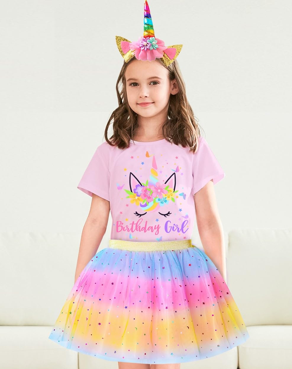 Doctor Unicorn birthday shirt in pink-yellow-blue enhances birthday party outfits.