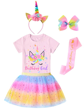 Doctor Unicorn girls birthday tutu in pink, yellow, blue for festive party photos.