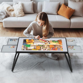 Doerpuz puzzle table assembled in grey and black with drawers for easy storage and organization