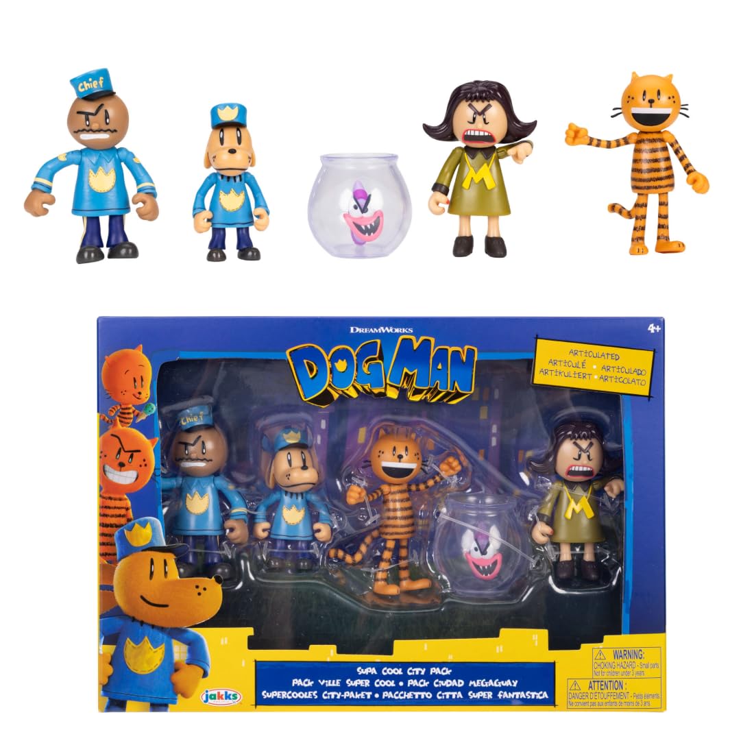 Dog Man Wave 3 pack figures, front view, great for imaginative play