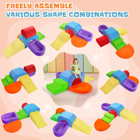 Toddler practicing balance using Dogern foam climbing blocks in a playroom.