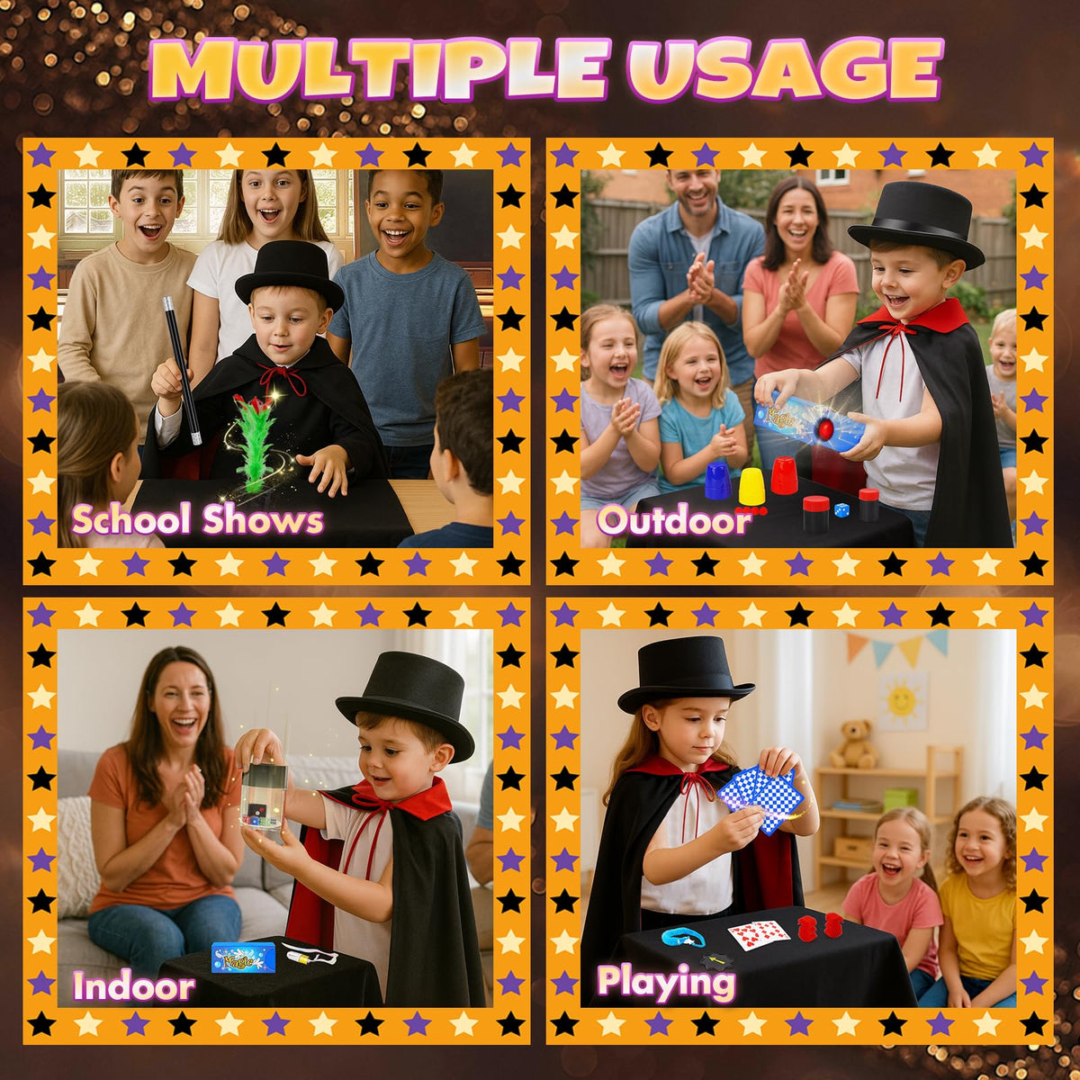 Kids practicing sleights with wand during family-friendly magic night.
