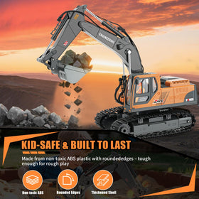 Dogern RC Excavator LED headlights light up as engines roar during play.