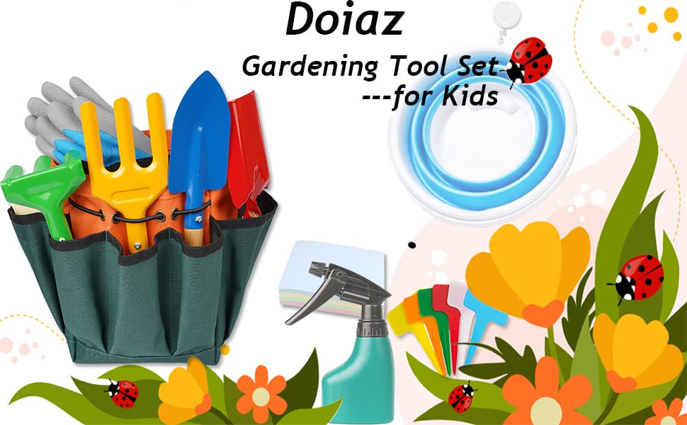 Doiaz Kidz Gardening Tool Set tote bag keeps tools organized