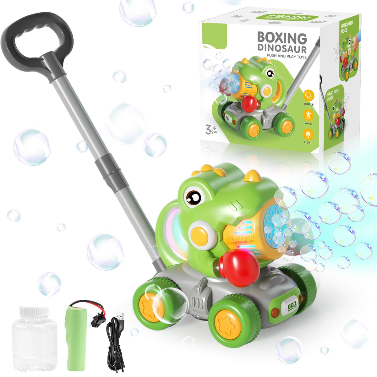 Dolanus dinosaur boxing bubble machine; engaging dinosaur theme boosts imaginative play outdoors.