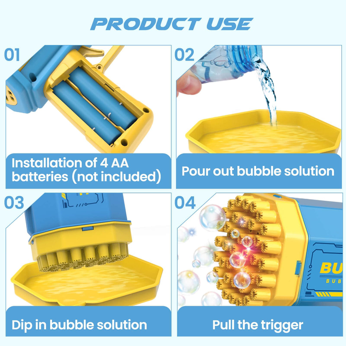 Easy-to-use Dolanus bubble gun delivers quick bubbling sessions.