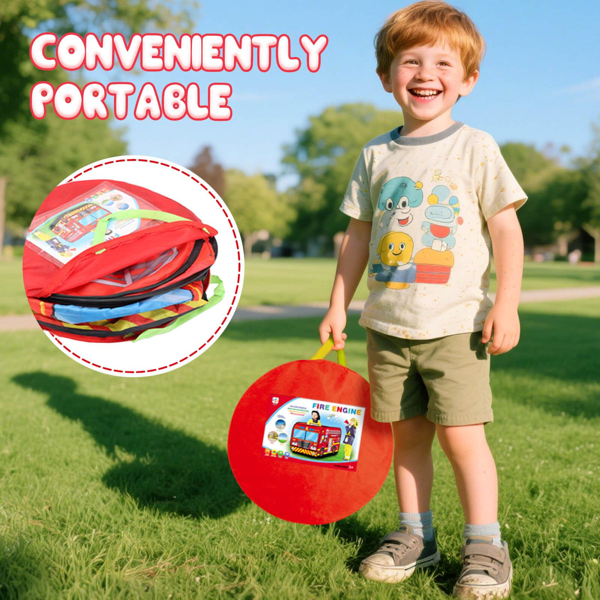 Dolanus Fire Truck Play Tent folds into included storage bag