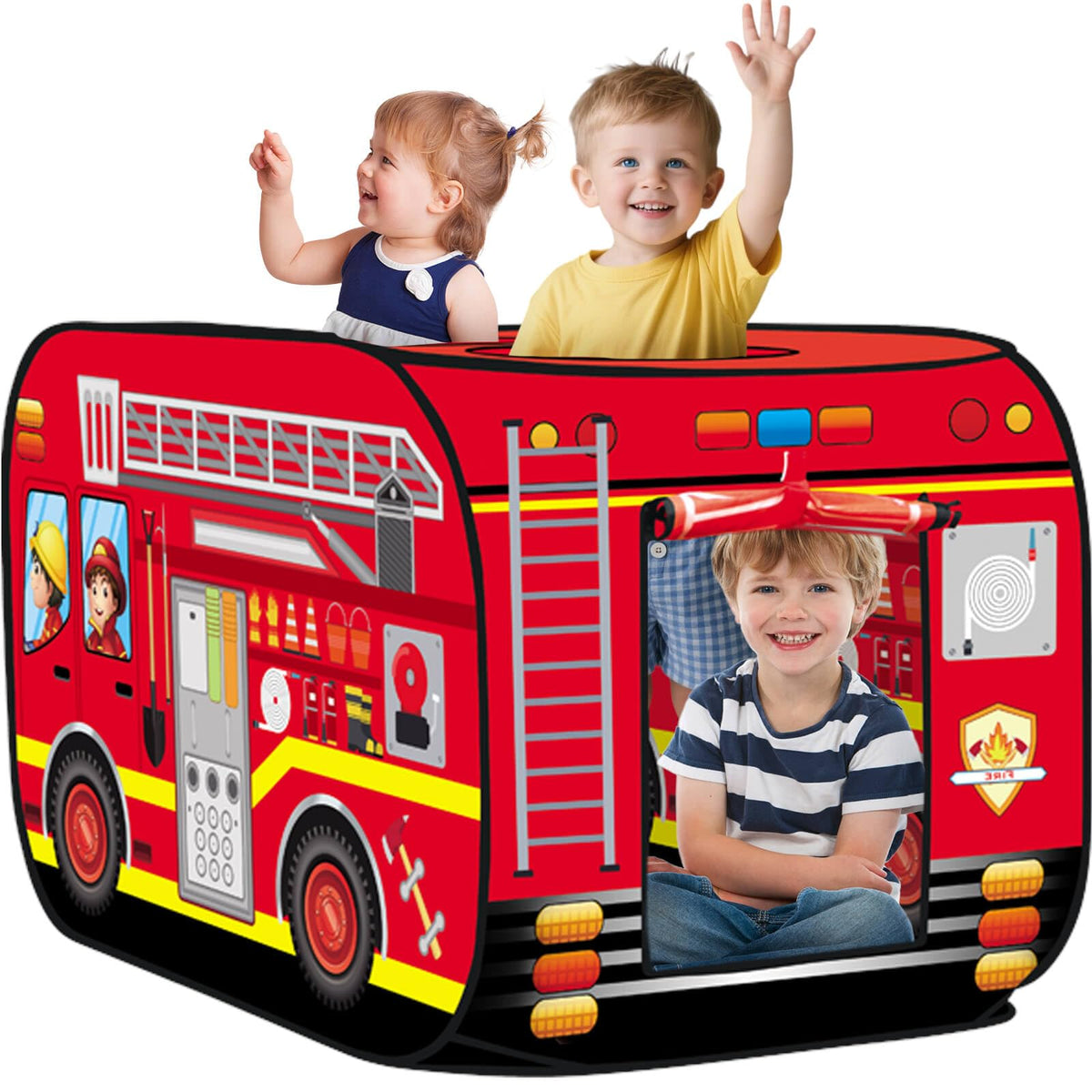 Dolanus Fire Truck Play Tent unfolded for quick setup and instant play