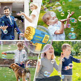 Kids play indoors with Dolanus bubble gun for cozy fun.