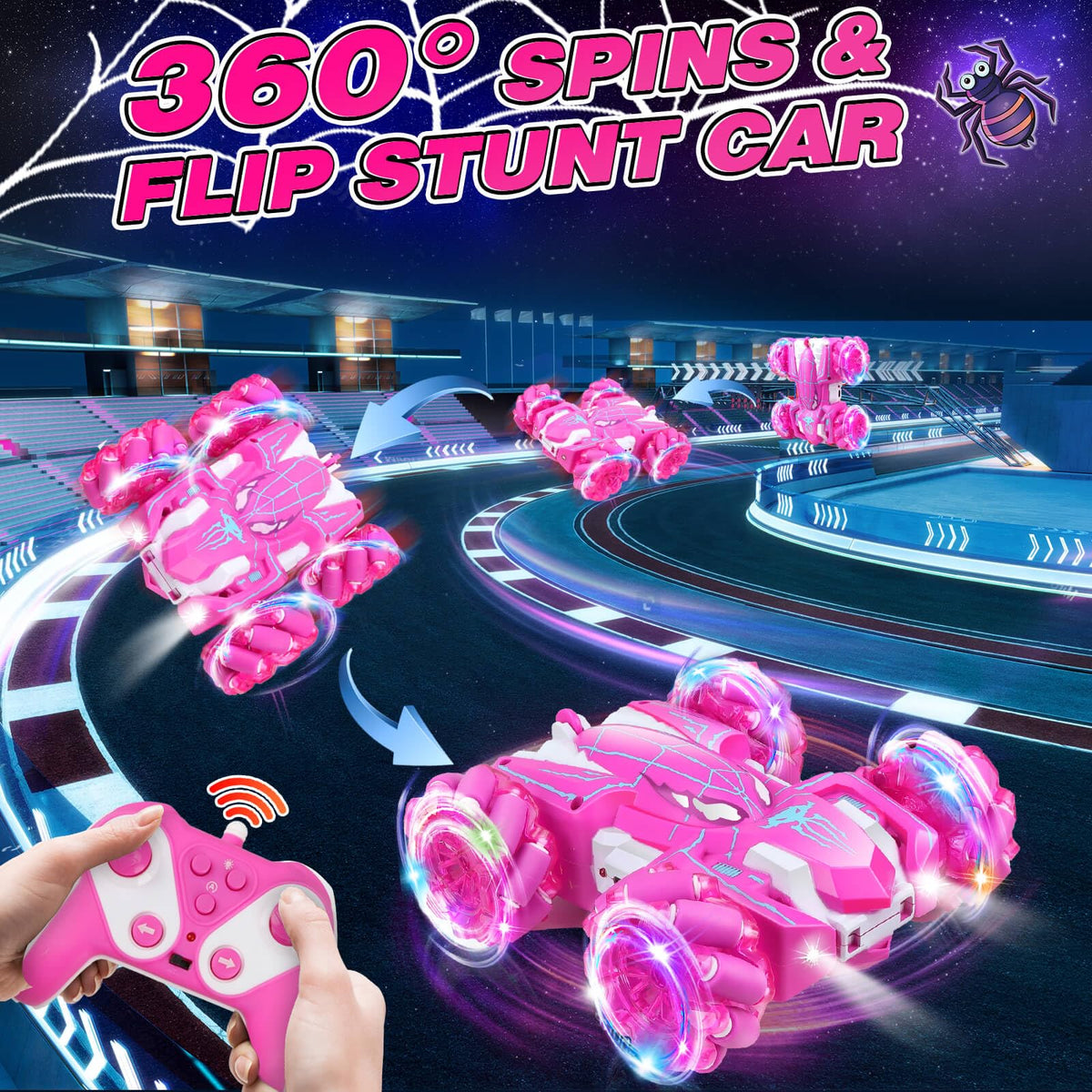 Dolanus Spider RC car 360-degree spin with vibrant RGB lights