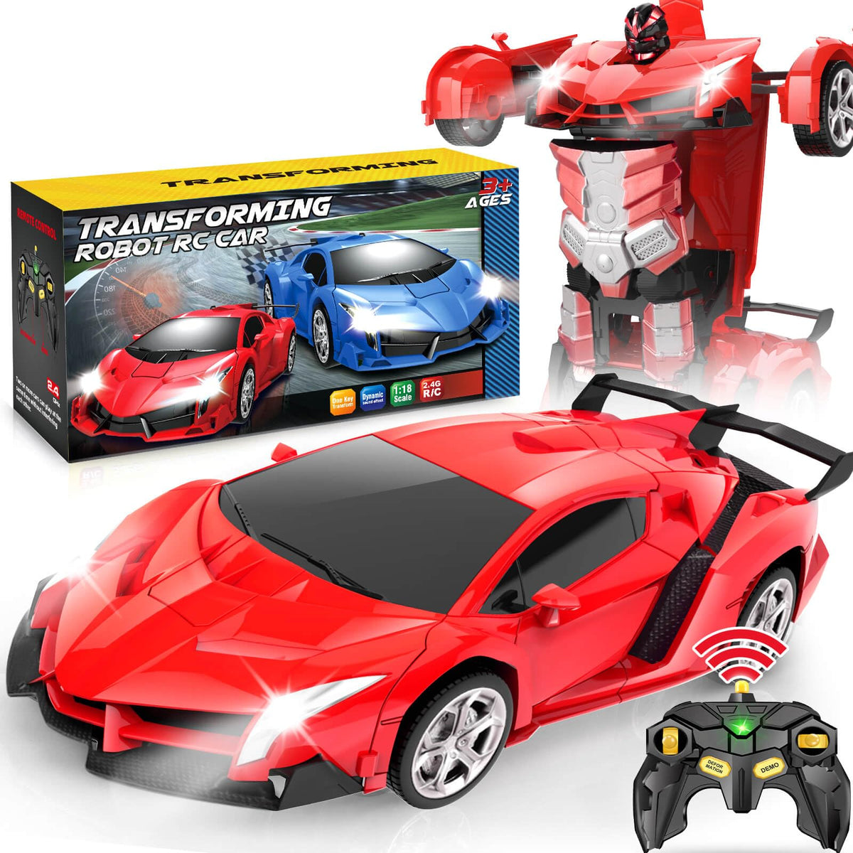 Dolanus transforming RC car front view shows kid-friendly design for indoor and outdoor play