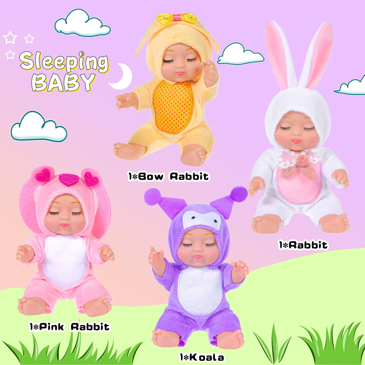 Dollbie 4-piece baby dolls in white bunny outfits support nurturing role-play