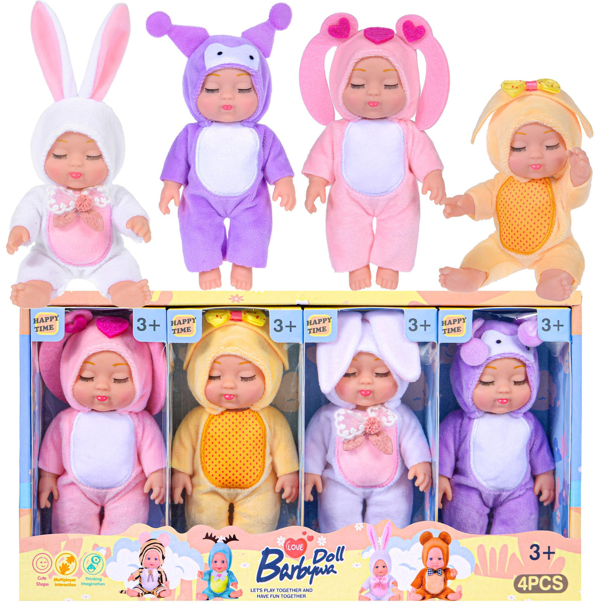 Dollbie 4-piece baby dolls in yellow chick outfits for imaginative play