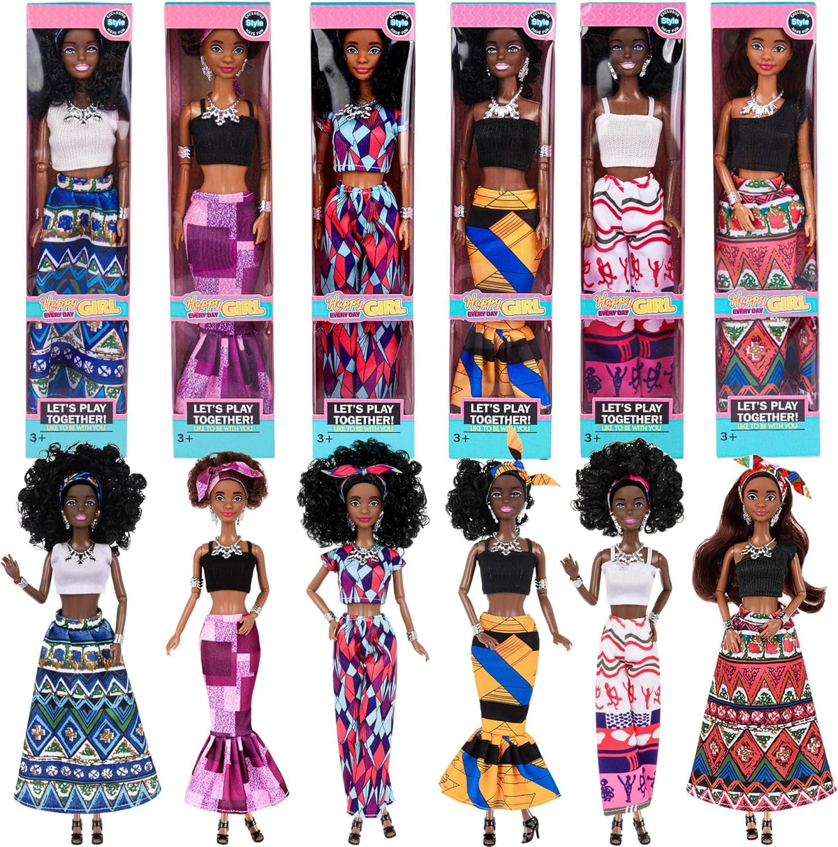 Dollbie six-pack African American fashion dolls with mix-and-match outfits for creative play