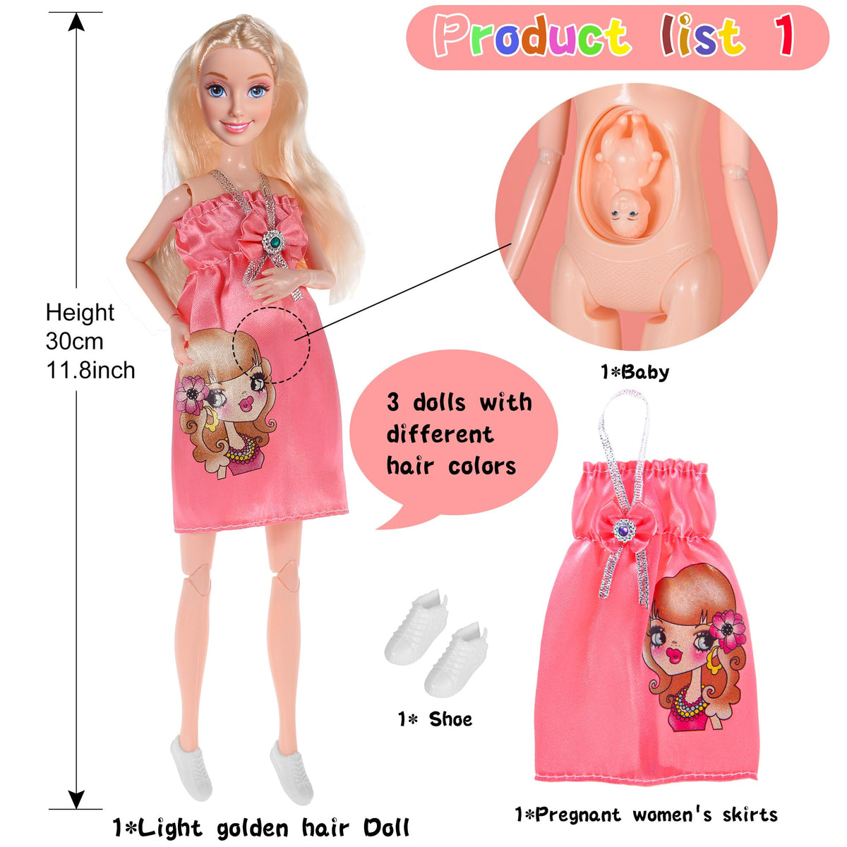Three dresses included for mix-and-match outfits and creative styling with Dollbie.