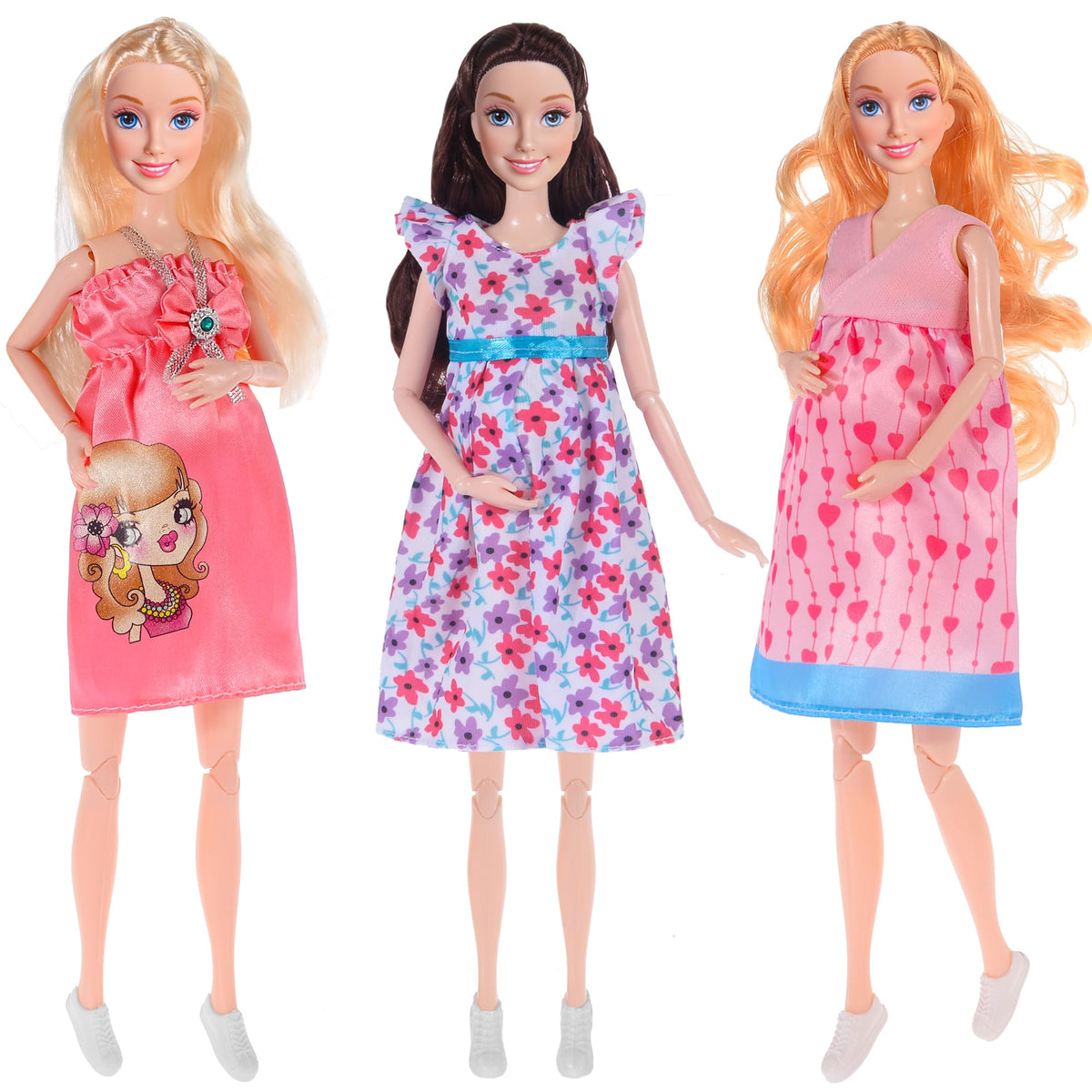 Dollbie 3-Pack pregnant dolls with interchangeable bellies and tiny babies for imaginative play.