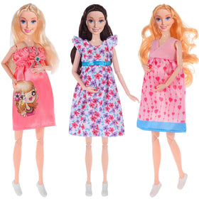 Dollbie 3-Pack pregnant dolls with interchangeable bellies and tiny babies for imaginative play.