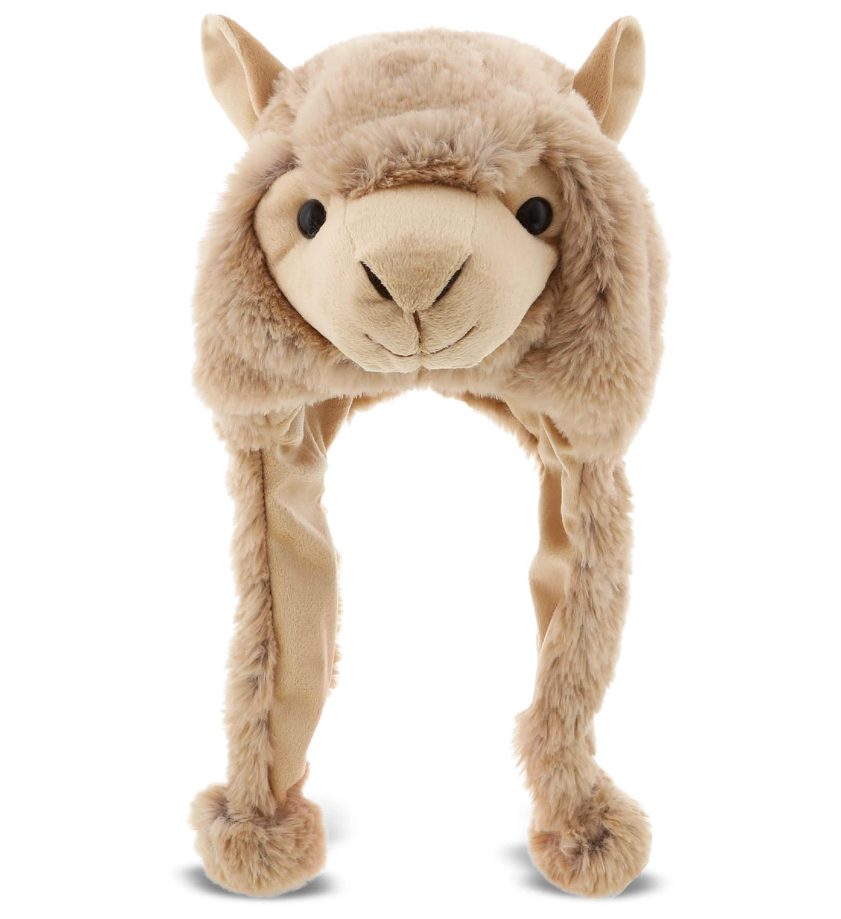 DolliBu Brown Llama Plush Hat front view, cozy and kid-friendly warmth