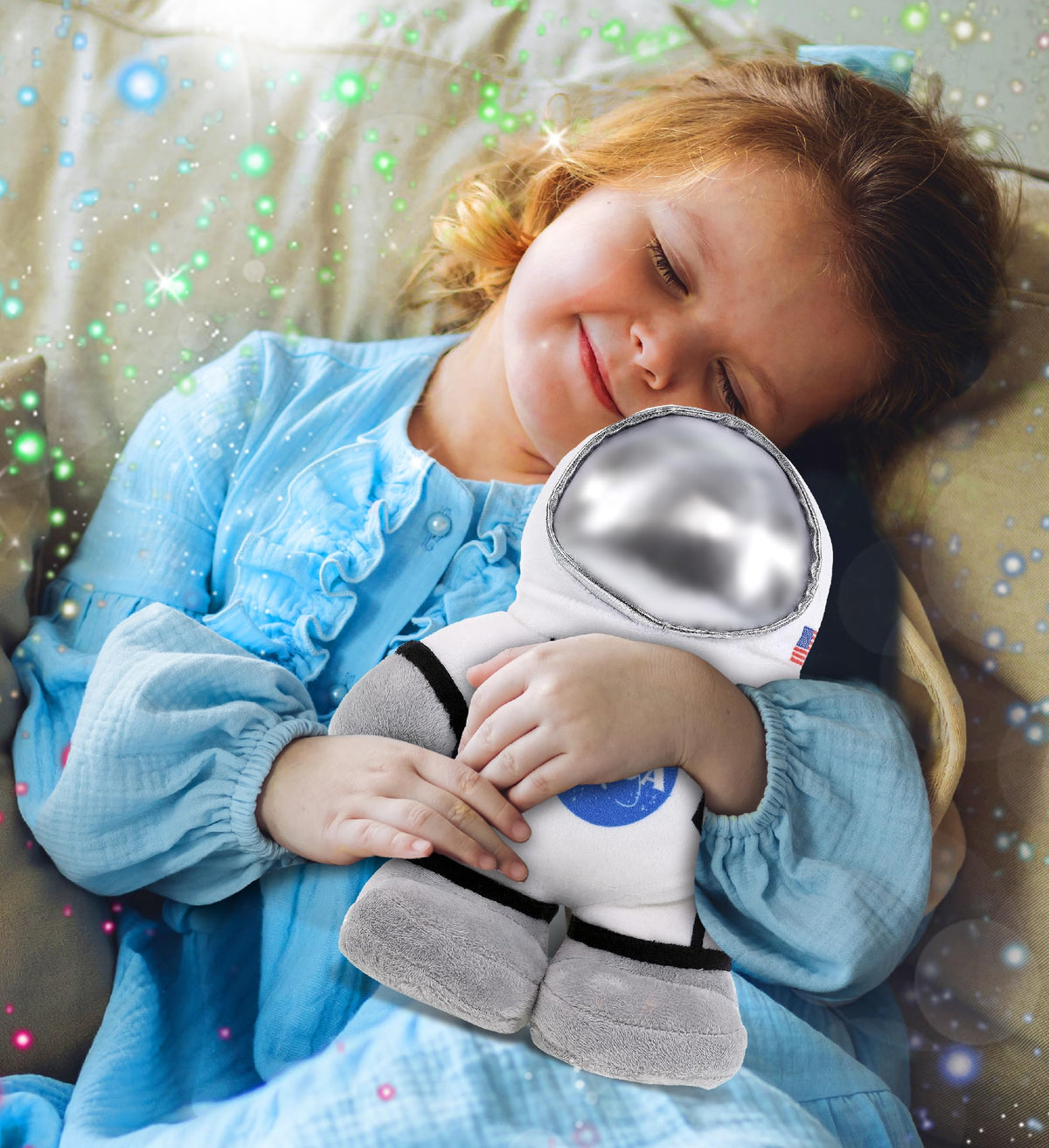DolliBu Snug Mooshies astronaut plush standing for imaginative play and storytelling.