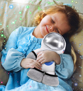 DolliBu Snug Mooshies astronaut plush standing for imaginative play and storytelling.