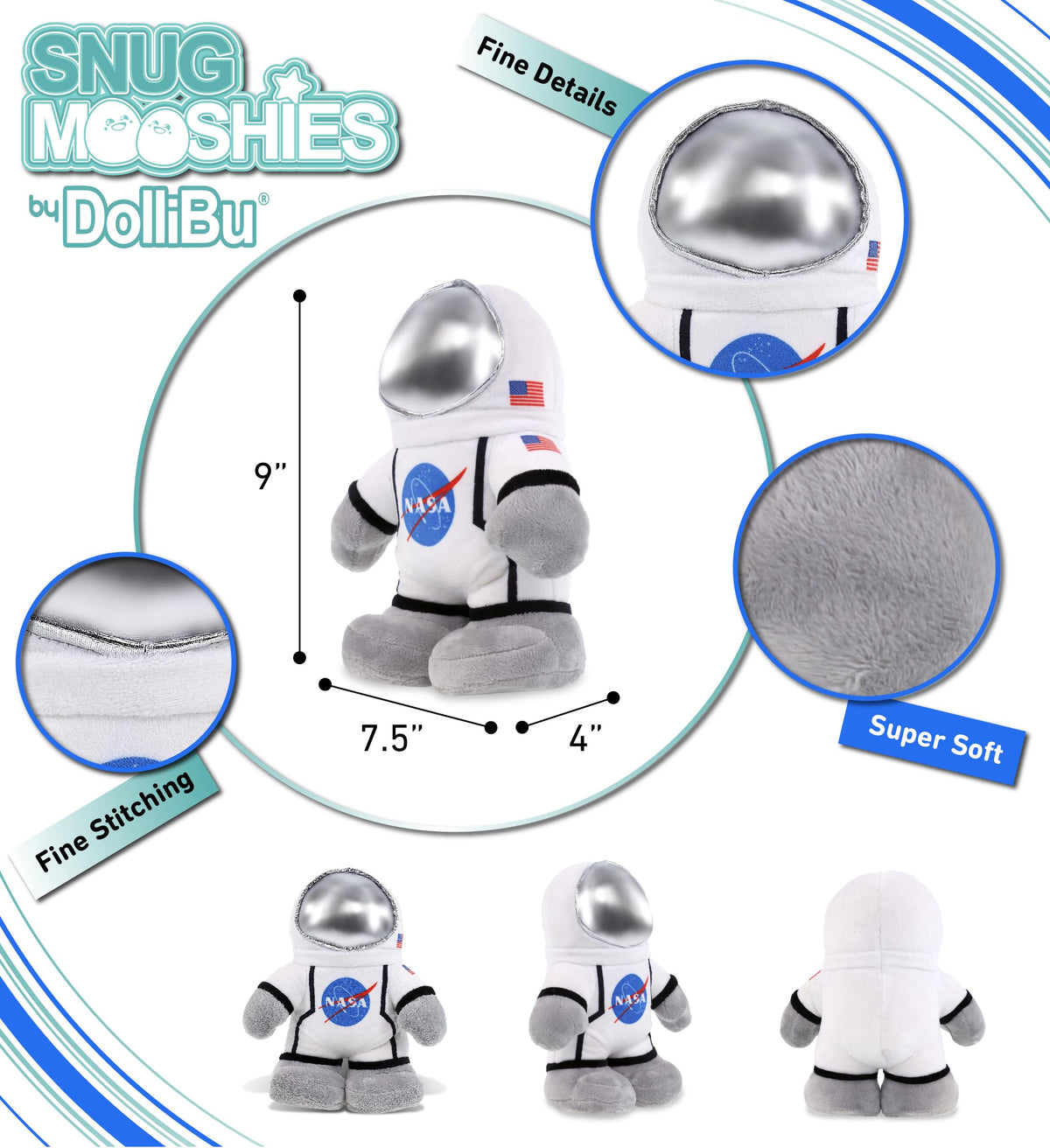 DolliBu Snug Mooshies astronaut plush ready for car rides and travel comfort.