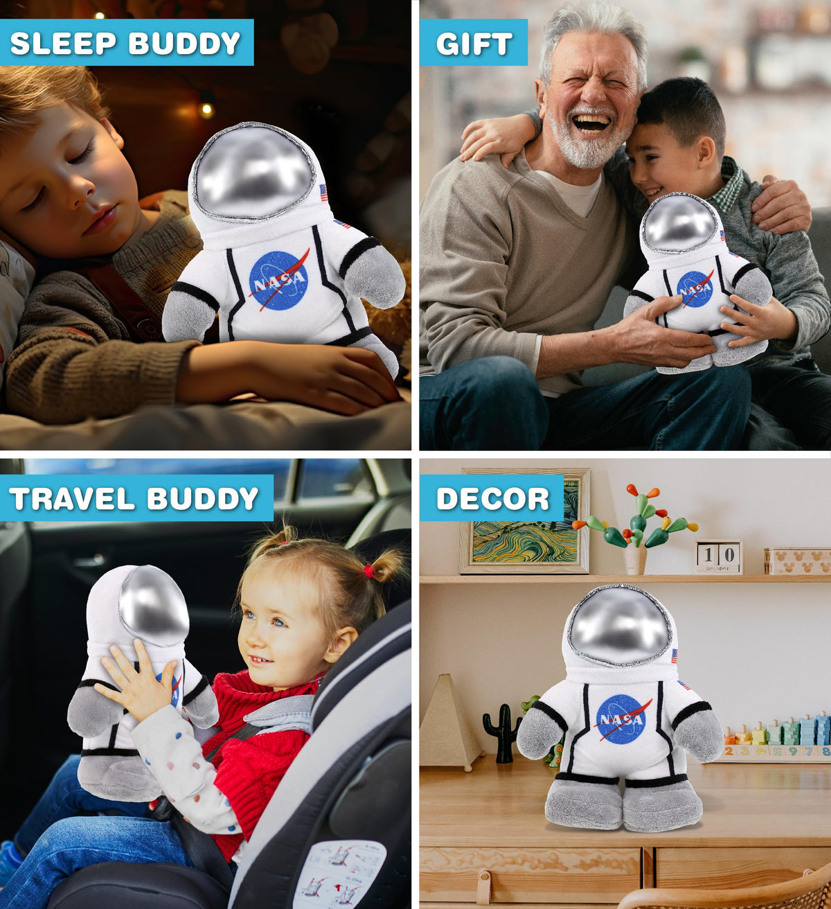 DolliBu Snug Mooshies standing astronaut plush on a kid’s bookshelf display.