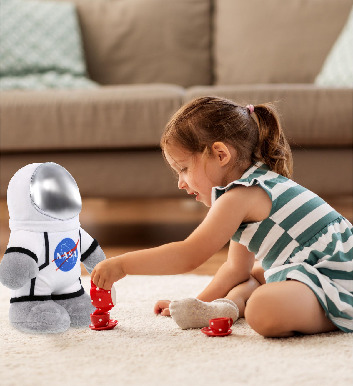 DolliBu Snug Mooshies astronaut plush with embroidered features for durability.