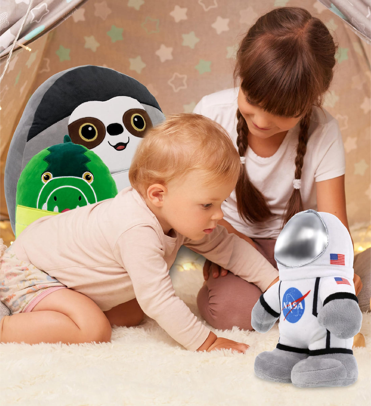DolliBu Snug Mooshies standing astronaut plush as a safe, squishy cuddle buddy.
