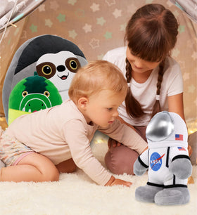 DolliBu Snug Mooshies standing astronaut plush as a safe, squishy cuddle buddy.