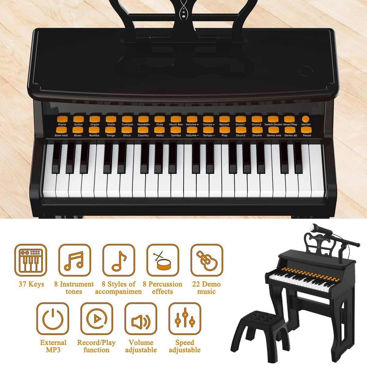 Dollox toddler piano with stool setup supports easy tabletop play and seating